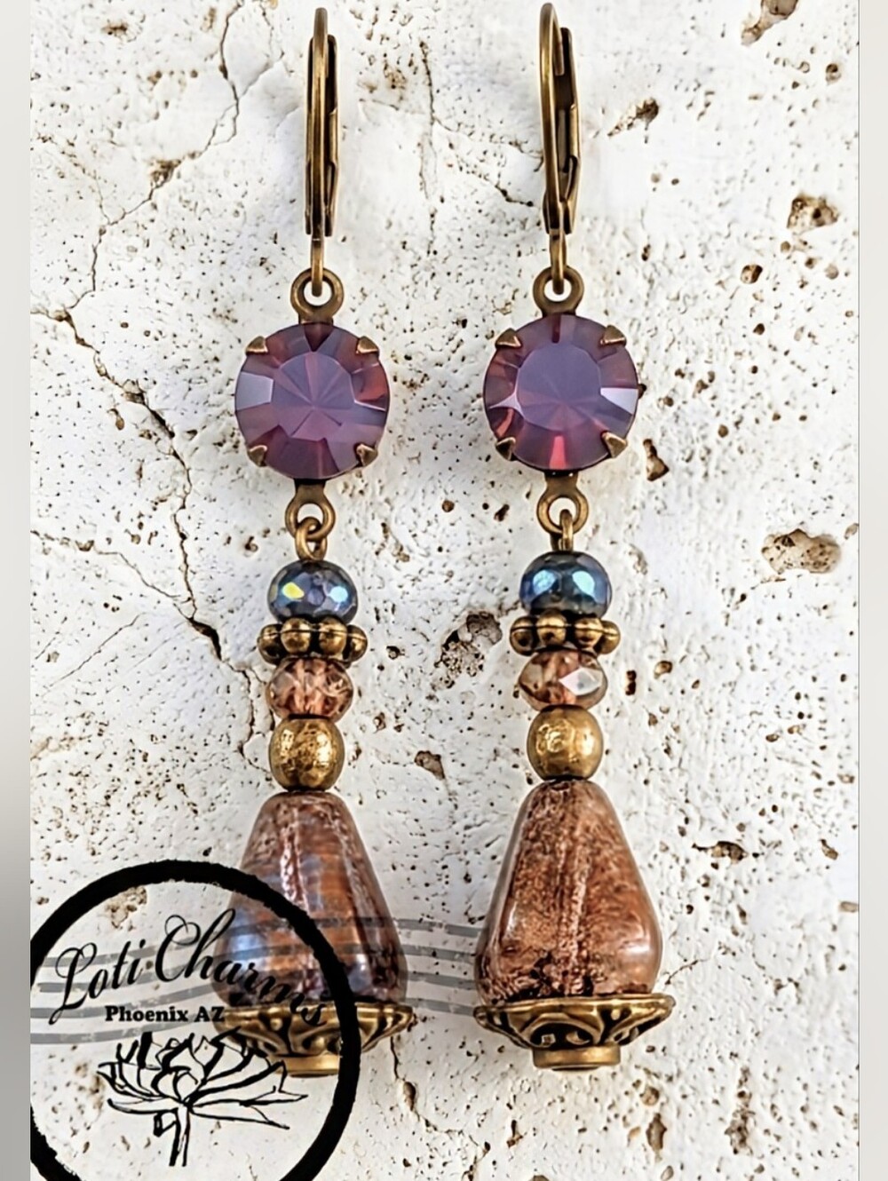 Victorian Purple Amethyst Opal Crystal & Glass Drop Earrings In Brass